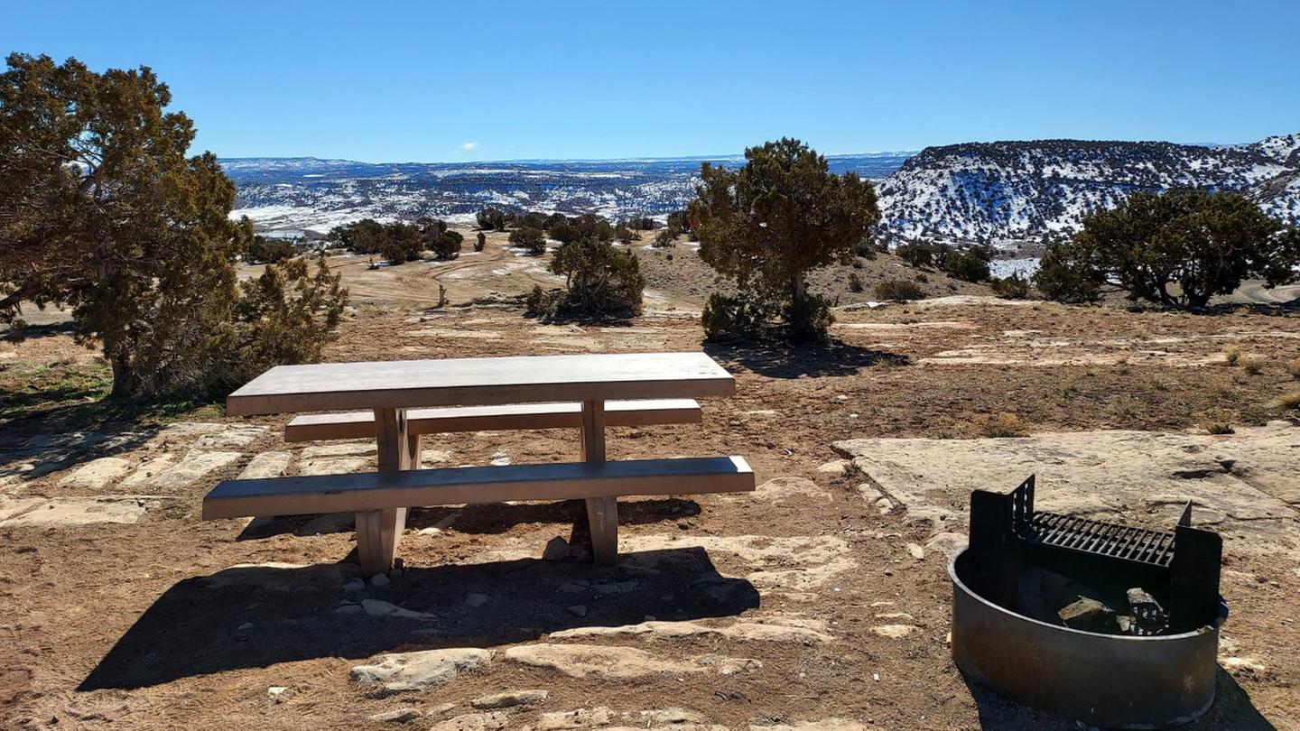 Picnic table and fire ring with snowy canyons in backgroundHigh North Campsite