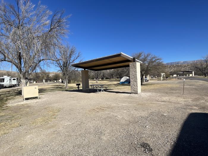 Site #76 with bear box, grill, picnic table and shade structure