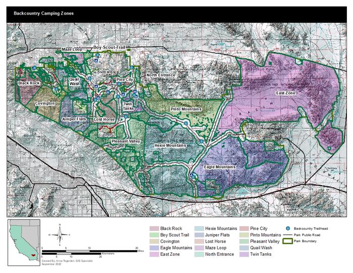 A map of JTNP with different zones outlined in different colors. Overall backcountry Zoning map of entire park
