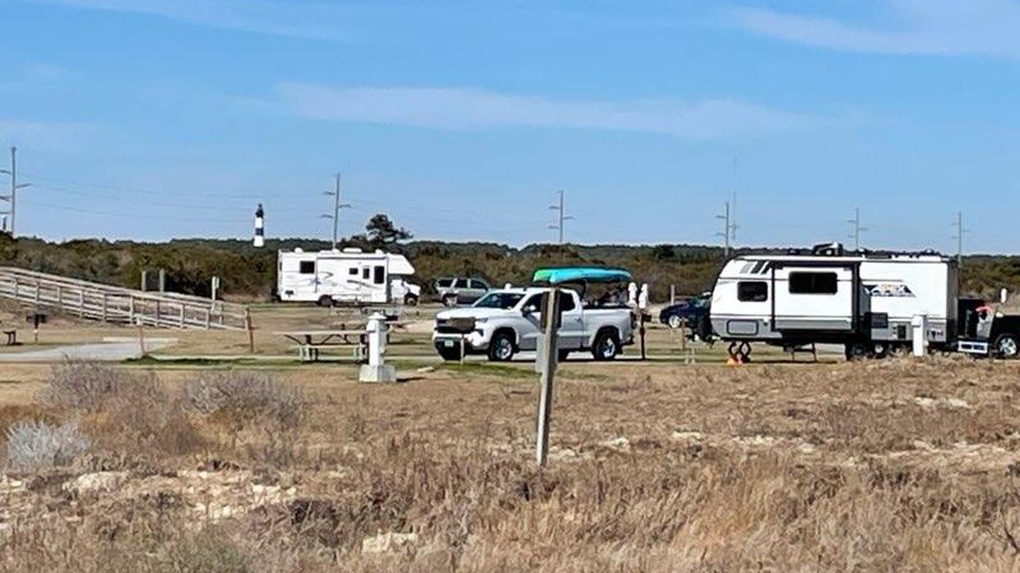 Oregon Inlet Campground with a view of the Bodie Island Lighthouse