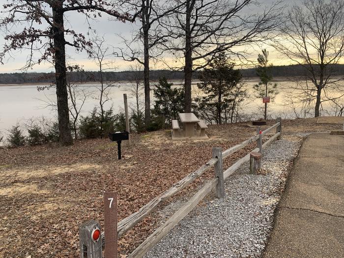 A photo of Site 7 of Loop Main Loop at Long Branch Campground with Picnic Table, Fire Pit, Tent Pad, Waterfront, Lantern Pole