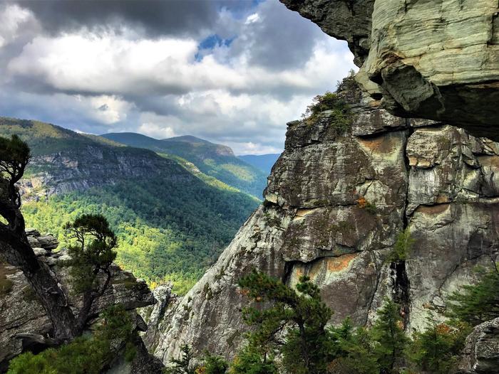 Mountains with cliffs. Rock cliff on the East rim of the Linville Gorge Wilderness