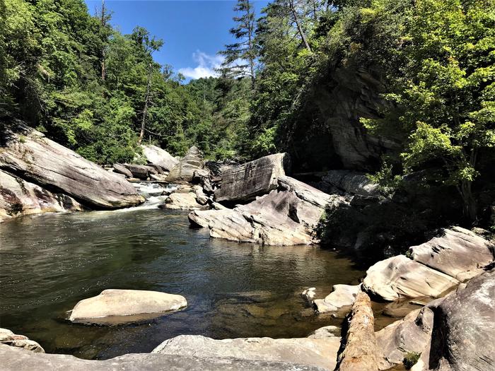 River with large boulders.  Bottom of the Spence Ridge trail intersecting with the Linville River. 