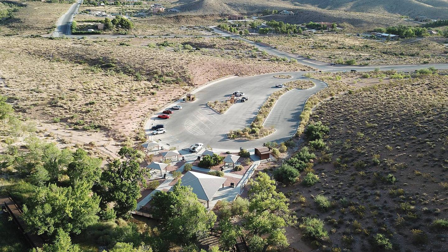 Aerial view of the Red Springs Picnic Area showing the parking lot and picnic areaAerial view of Red Springs Picnic Area