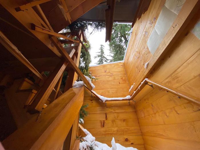 View of stairwell showing hole in cabin roof. Anan Bay Cabin is closed for 2023 season due to damage from fallen tree. 