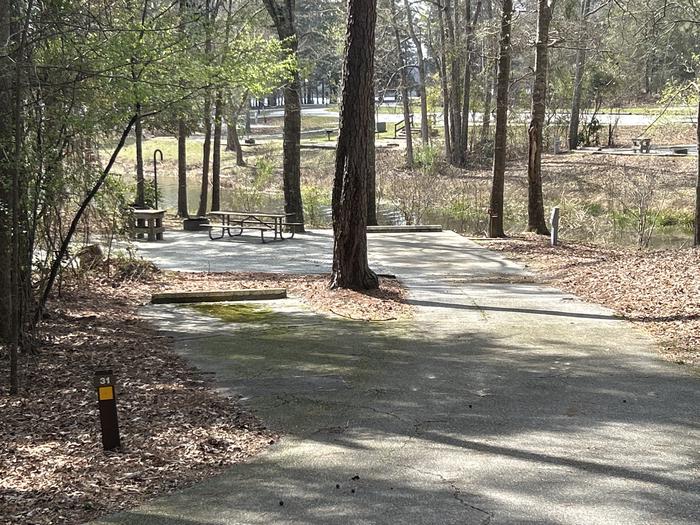 A photo of Site 031 of Loop OAKW at WHITE OAK (CREEK) CAMPGROUND with Picnic Table, Electricity Hookup, Fire Pit, Shade, Waterfront, Lantern Pole, Water Hookup