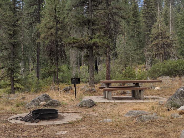 Ponderosa Campground site with table and fire ringPonderosa Campsite