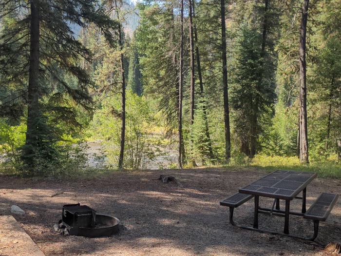 Walk in campsite with picnic table and fire pit in a forested setting. Poverty Flat walk-in site