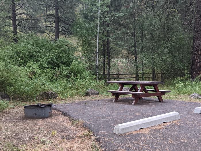 Campsite with bushes and trees surrounding the site.  Immediately adjacent to the paved parking spot. Lafferty Campsite 4