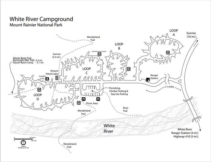 A map of the White River Campground including loops, sites, picnic areas, the White River and trailheads