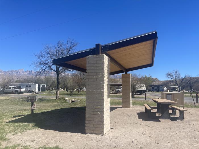 Shade structureClose up of site 74 and its shade structure, bear box, grill and picnic table
