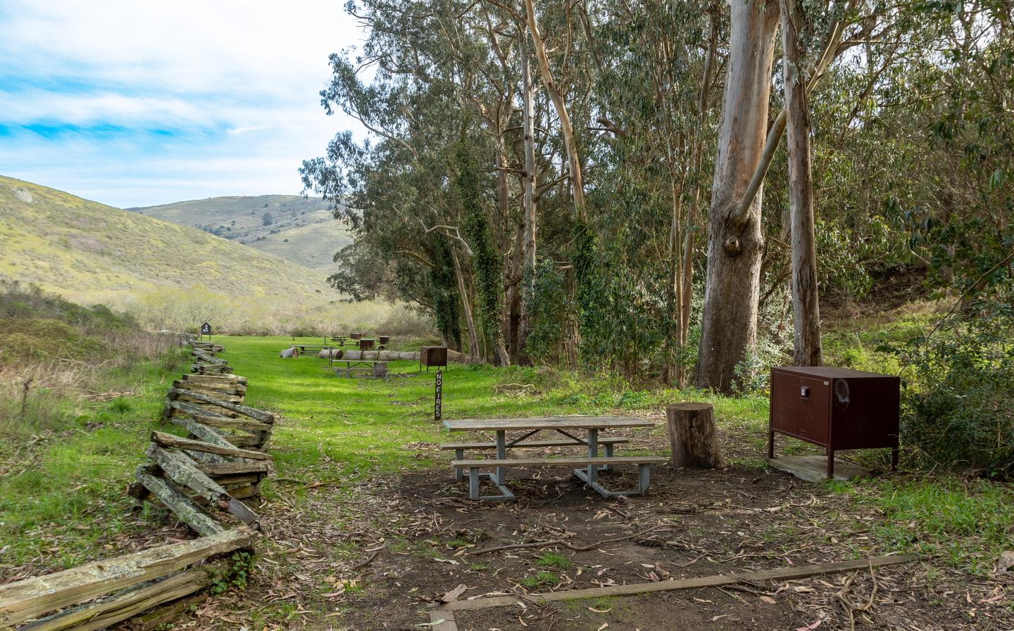 In the foreground are a picnic table and food locker. In the distance are the other campsites, eucalyptus trees, and rolling hills.View of Haypress Campground from Site 5.