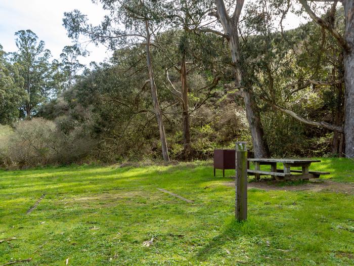 Picnic table, food locker, and wood bordered tent pad with a post in front that reads "1." Behind are tall eucalyptus trees.Site 1 of Haypress Campground.