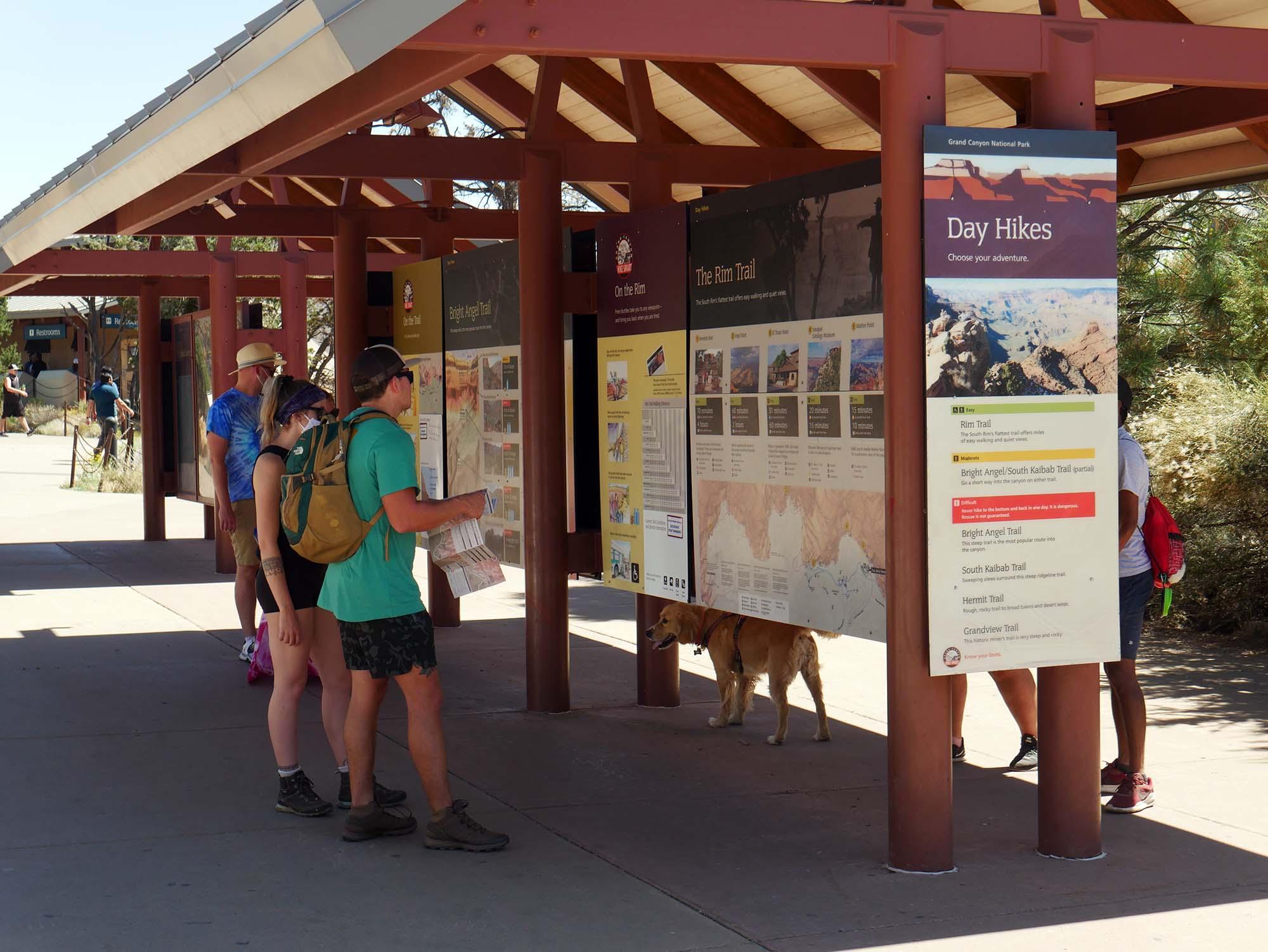 Information and trip planning exhibits in front of the Visitor Center.