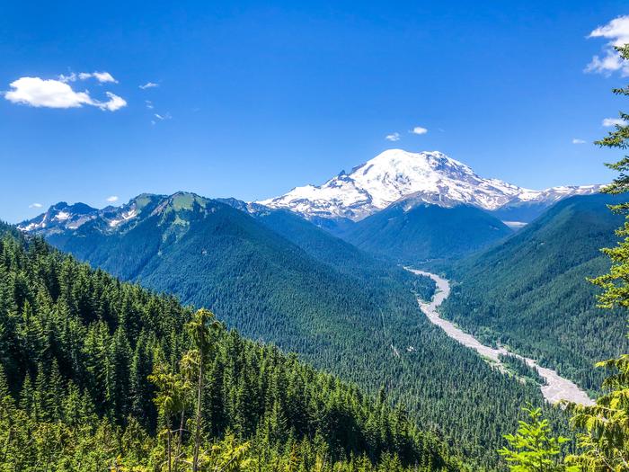 A Panoramic View of the White River Valley High Above the Campground with Mount Rainier in the DistanceHigh above White River Campground, a wide, rocky river snakes down a deep valley with forested mountains on each side. Mount Rainier dominates the frame at the end of the White River Valley.