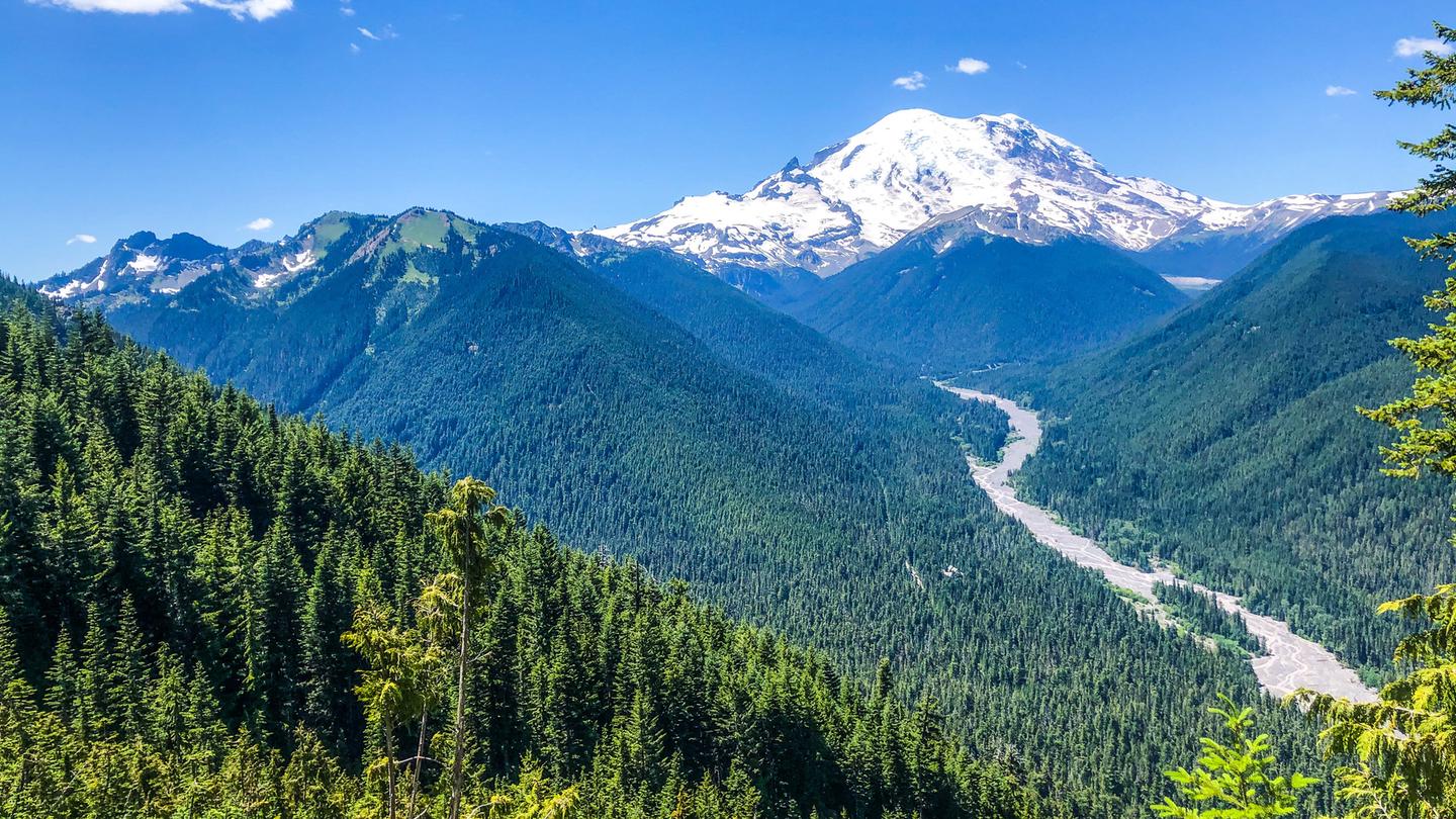 A Panoramic View of the White River Valley High Above the Campground with Mount Rainier in the DistanceHigh above White River Campground, a wide, rocky river snakes down a deep valley with forested mountains on each side. Mount Rainier dominates the frame at the end of the White River Valley.