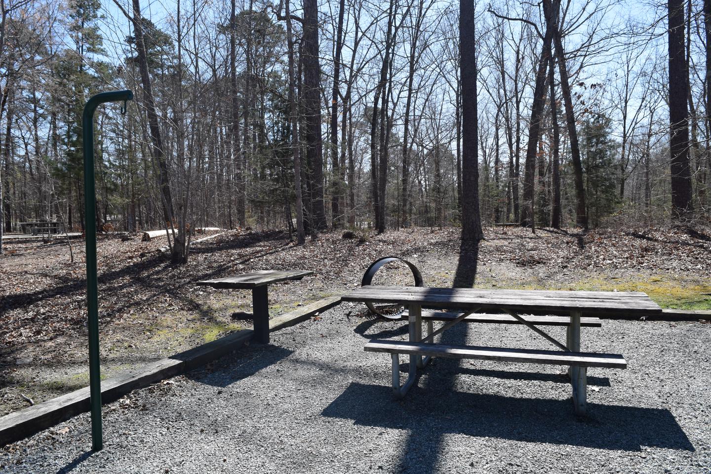 Longwood site 3 with lantern holder, picnic table, utility table and fire ring. 