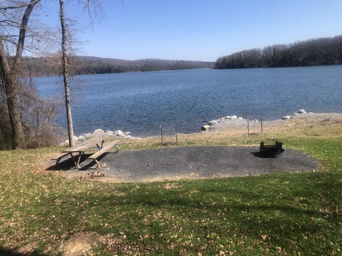 A photo of Site 64- near water of Loop SUSQUEHANNOCK at SUSQUEHANNOCK with Picnic Table, Fire Pit, Tent Pad, Waterfront, Lantern Pole