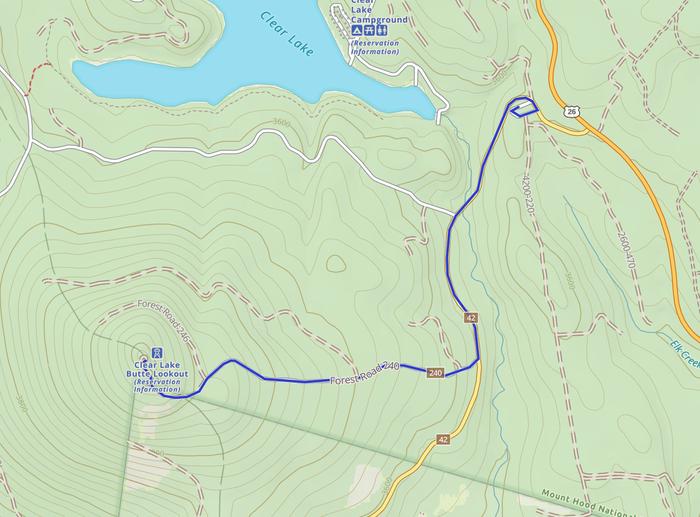Map showing route from Skyline Sno-Park to Clear Lake Lookout.
