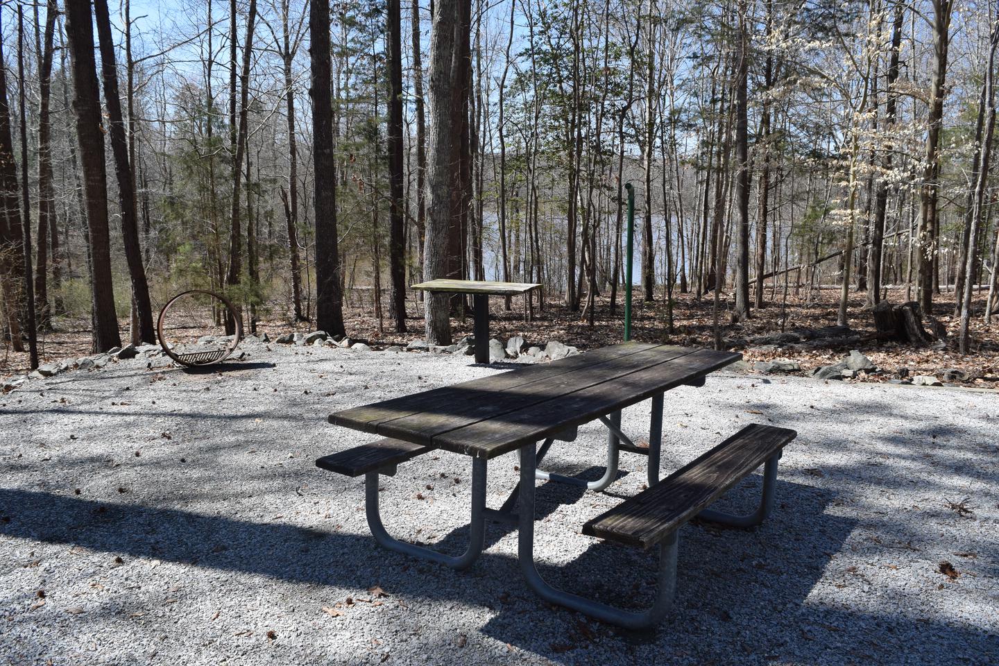 Longwood Campsite #47 This is a photo of the picnic table, utility table and fire ring located on the campsite.