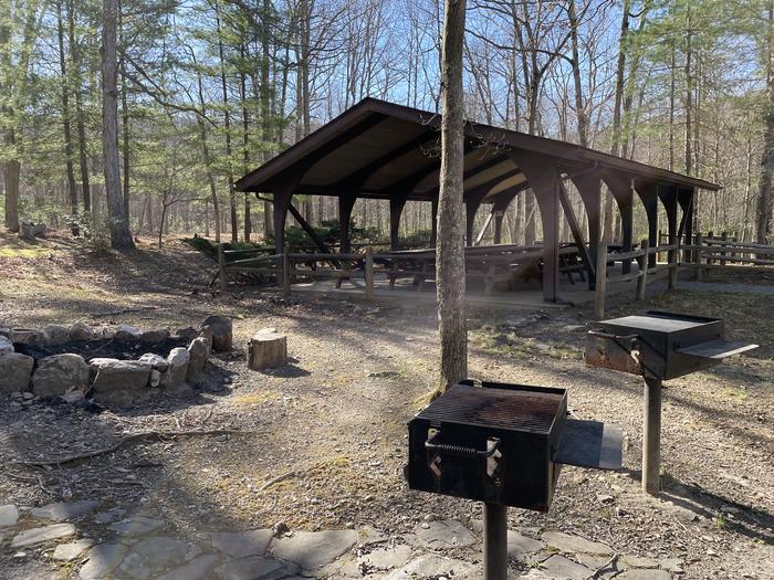 A photo of Site 00A of Loop PICA at Trout Pond Recreation Area with Picnic Table, Fire Pit, Lean To / ShelterA photo of Site 00A of Loop PICA at Trout Pond Recreation Area with Picnic Tables, a Fire Pit, Shelter, and two grills.