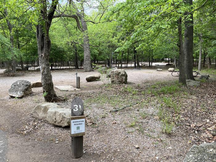 A photo of Site 31 at Cold Springs Campground (OK) Chickasaw NRA with Fire Pit, Lantern Pole, and Picnic Table.