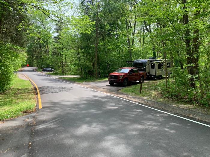 A paved road through the woods with alternating paved pull-outs. A red pickup truck pulling a camper is parked in one pull-out.Wilderness Road Campground offers electric and primitive camping for tents and RVs. All campground reservations and payments must be made through recreation.gov.