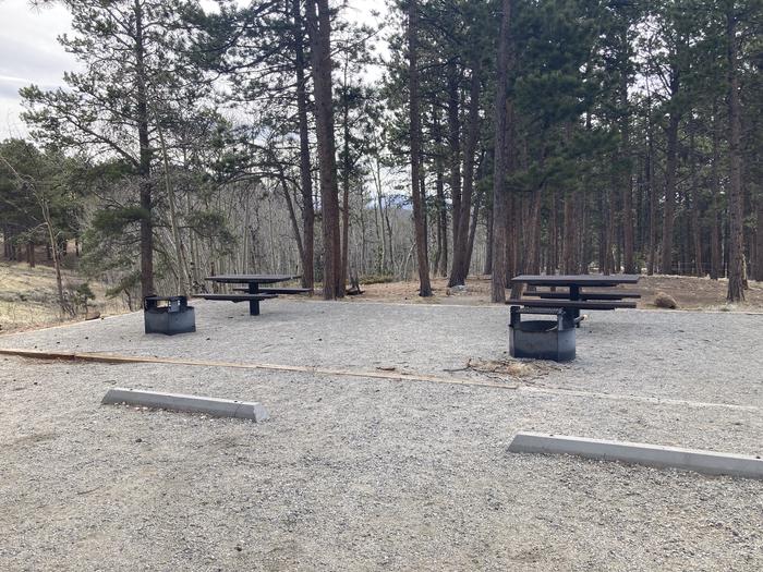 Campsite with trees, picnic table and fire pit.A photo of Site 011 with Picnic Table, Fire Pit