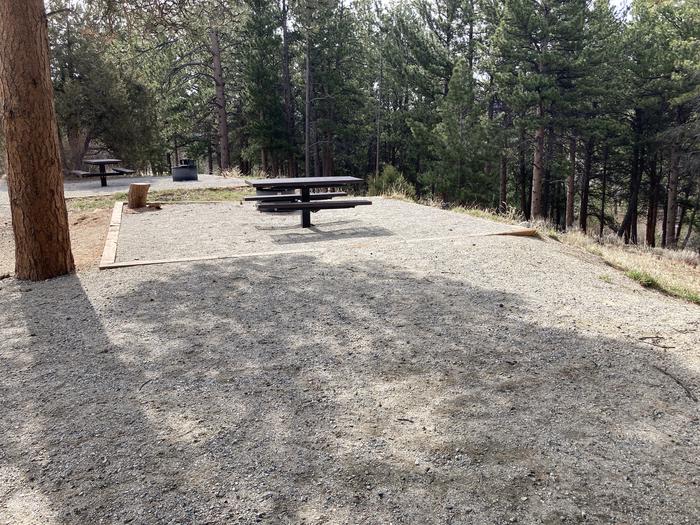 Campsite with trees, picnic table and fire pit.A photo of Site 009 with Picnic Table, Fire Pit
