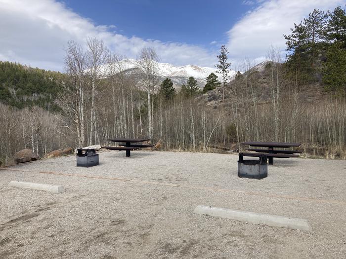 Campsite with trees, picnic table and fire pit, with snow covered mountain in background.A photo of Site 012 with Picnic Table, Fire Pit