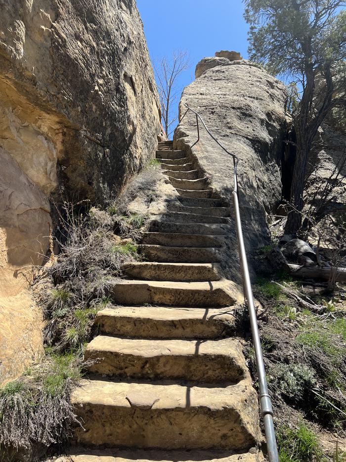 Steep stone steps descend through a narrow crack in a rock cliff; a metal railing parallels the steps and a blue sky is above.Steep stone steps descend through a narrow crack in a rock cliff on the Cliff Palace entrance trail.