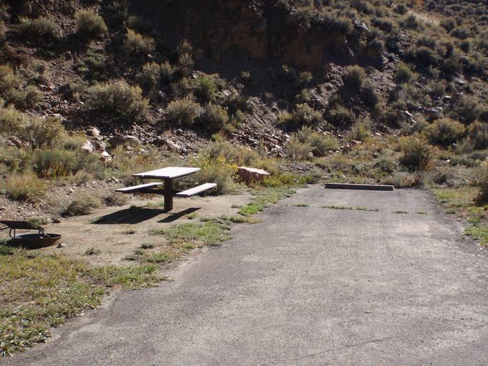 Campsite 10: driveway, picnic table, and firepit. Set in sagebrush and trees.