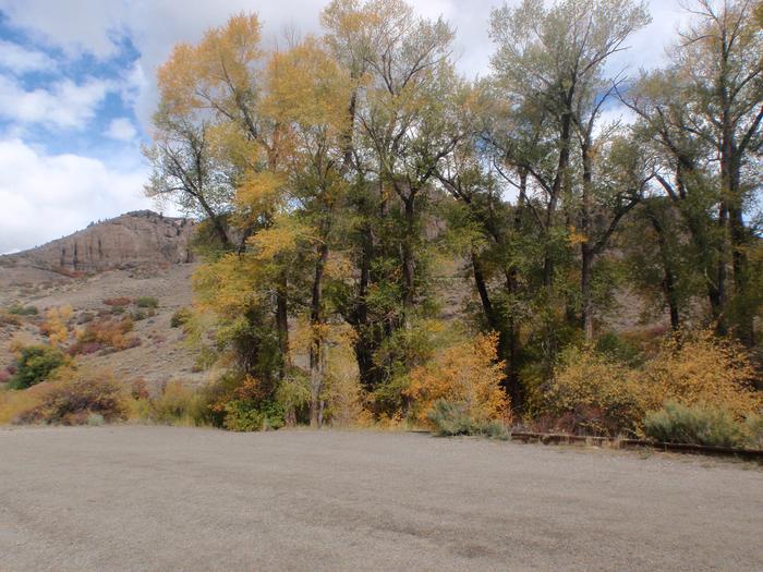 Parking area with fall foliage and view of mesa.Parking area.