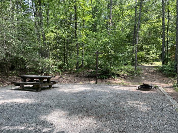 Lake Powhatan #31 Campsite - picnic table, fire pit and bathhouse in background 