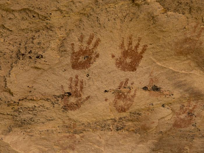 Two sets of red handprints appear on a textured sandstone wall, with one set over the other forming roughly square shape.Many backpackers enjoy exploring the canyons of Cedar Mesa to observe the many pictographs and petroglyphs that appear on its walls.