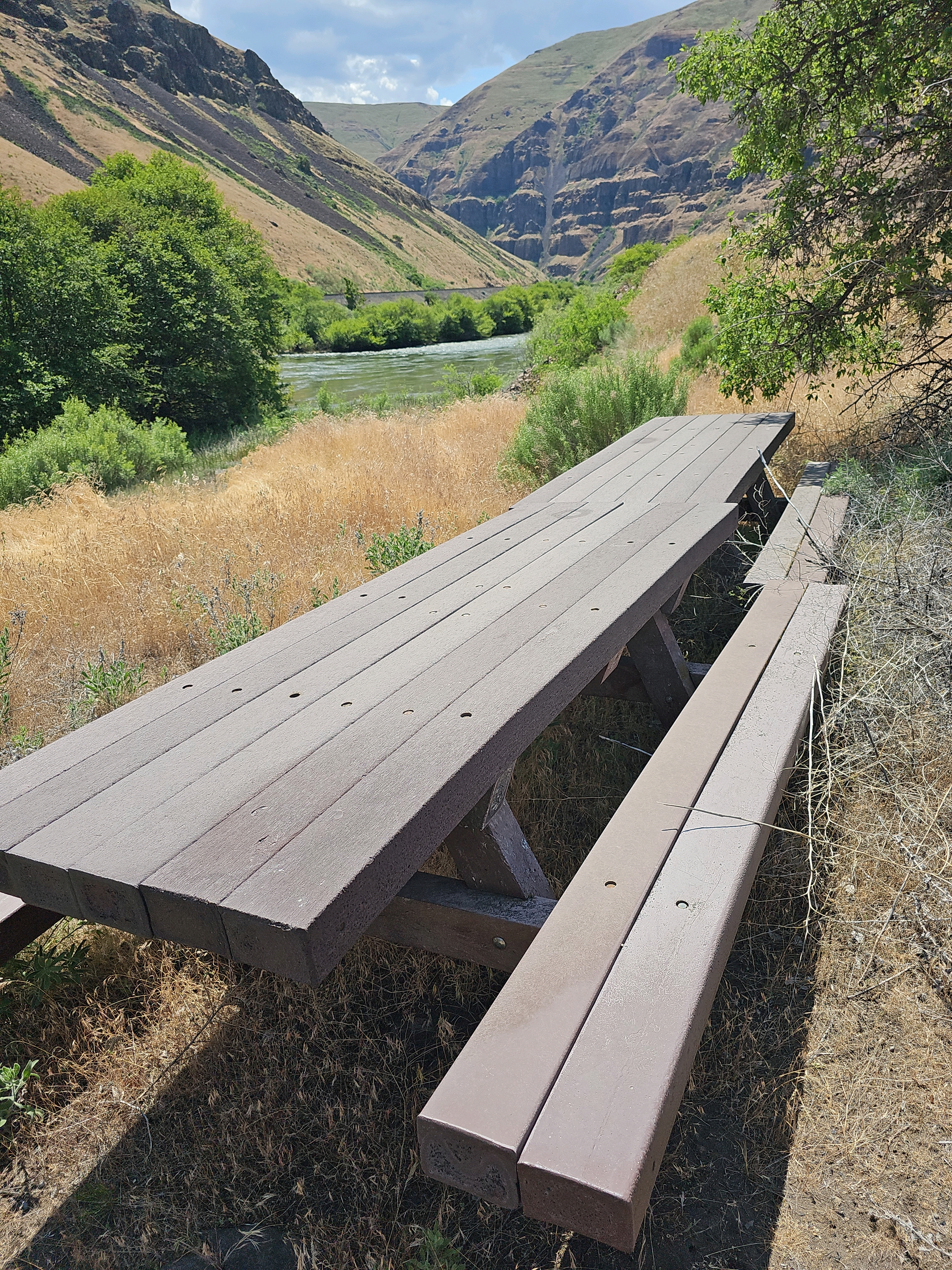 Picnic Tables and a view of the Deschutes River at Oakbrook Day Use Area