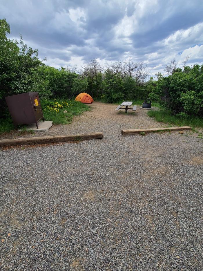 View of the campsite pad, An orange tent is in the corner of the site. On the opposite corner is a picnic table and fire ring. A bear box is in the foreground. Tent pad view of campsite C14