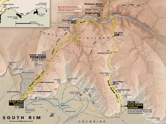 Overview trail map showing Bright Angel and South Kaibab Trails from the Rim to the River.