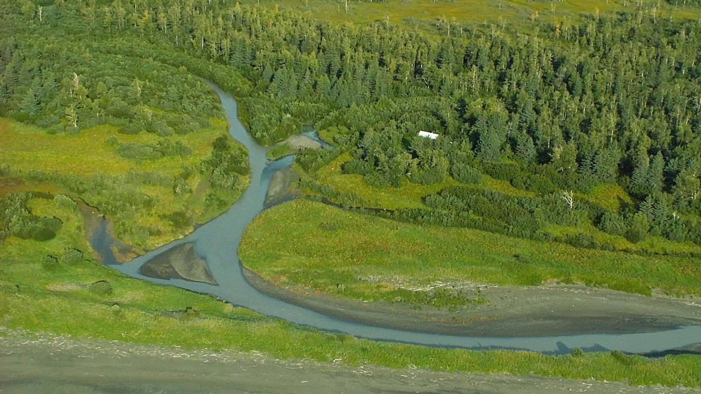 An aerial view of Esker Stream Cabin and Esker Stream (Wrangell-St Elias) An aerial view of Esker Stream Cabin (Wrangell-St Elias)