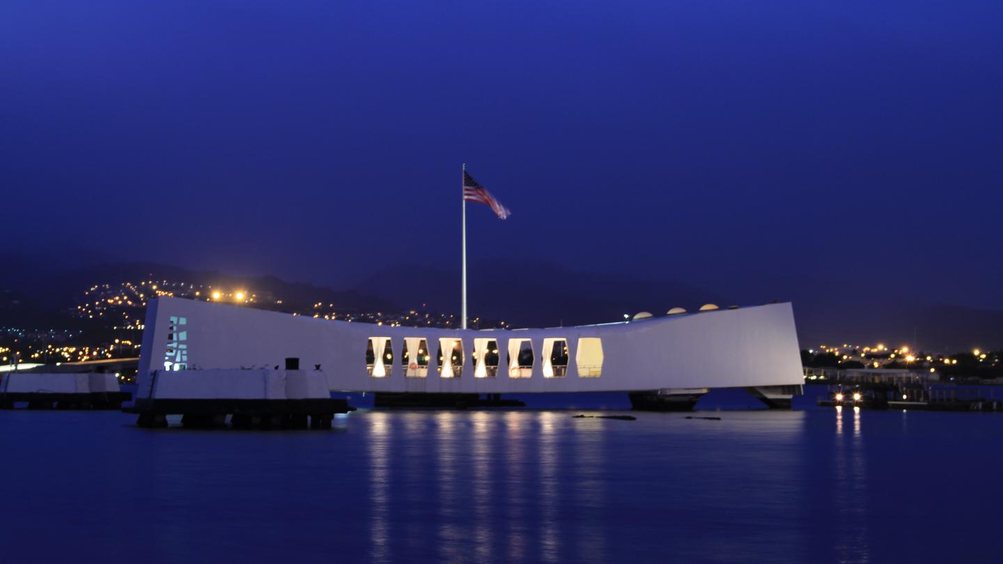 USS Arizona Memorial with lights onEarly morning at the USS Arizona Memorial