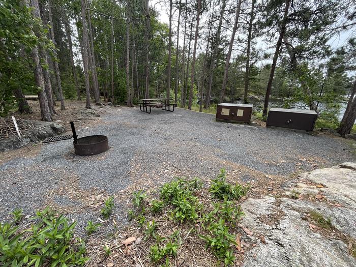 View looking towards camp with view of a fire ring, bear box, and picnic table.View of campsite