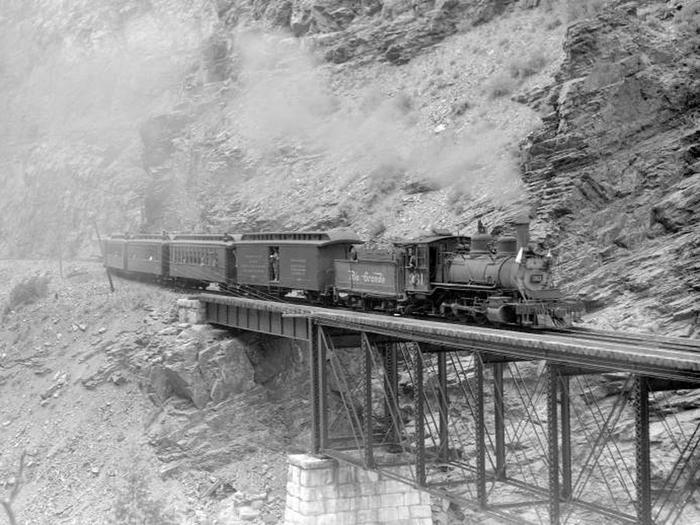 black and white image of a Denver & Rio Grande Western  train (Narrow Gauge), engine number 361,as seen in 1949Denver & Rio Grande Western  train (Narrow Gauge), engine number 361, engine type 2-8-0, as seen in 1949