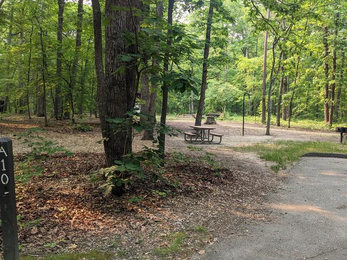 Paved parking space, picnic table, standing charcoal grill, and fire ring in a shaded forest campsiteCampsite A10