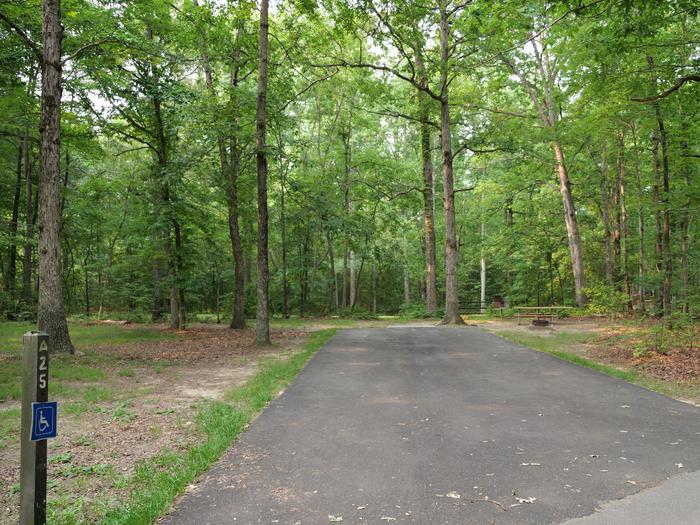 Wide paved handicapped parking space, picnic table, standing charcoal grill, and fire ring in a shaded forest campsiteCampsite A25
