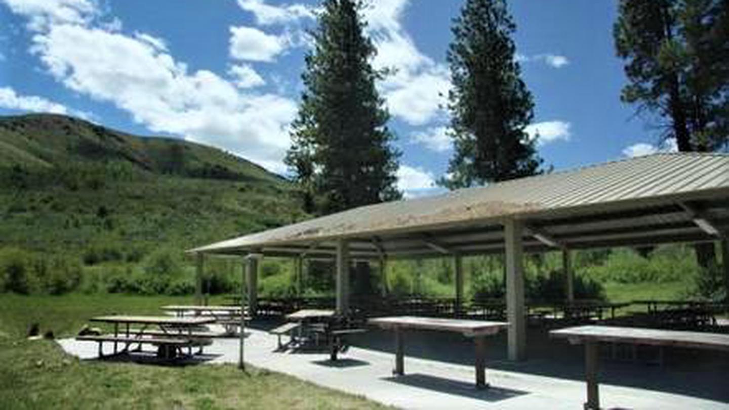 Mink Creek pavilion and viewMink Creek Group Site's pavilion and view