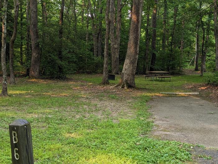 Paved parking space, picnic table, and fire ring in a shaded forest campsiteCampsite B6