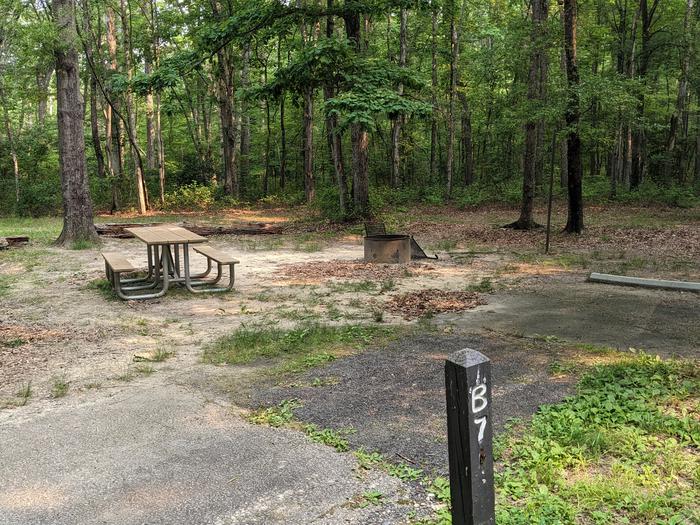 Paved parking space, picnic table, and fire ring in a shaded forest campsiteCampsite B7
