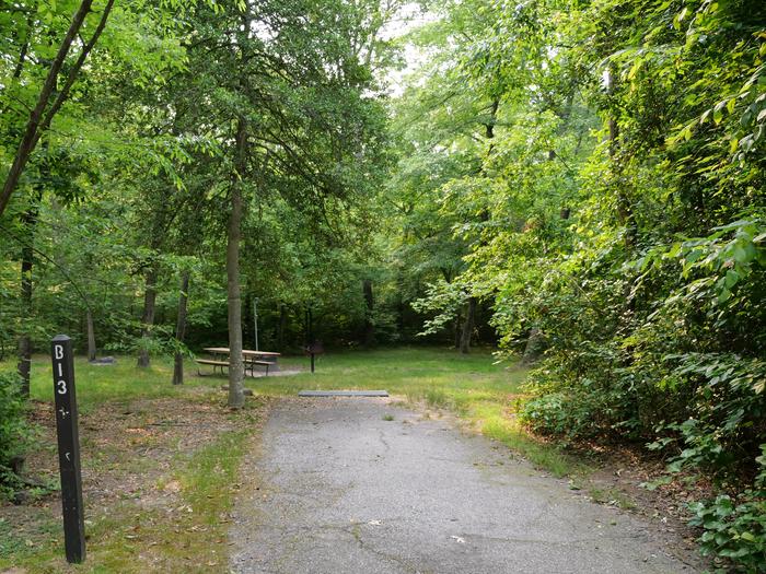 Paved parking space, picnic table, and fire ring in a shaded forest campsiteCampsite B13