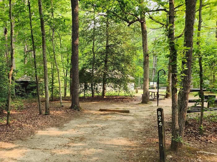 Paved parking space, picnic table, and fire ring in a shaded forest campsiteCampsite B24