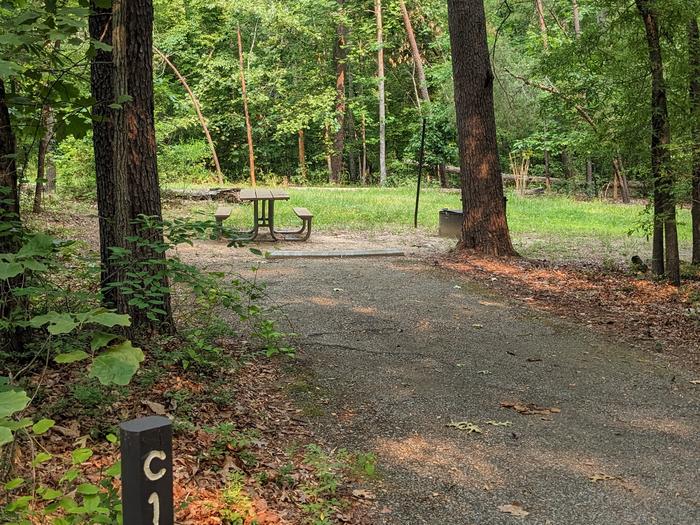 Paved parking space, picnic table, and fire ring in a shaded forest campsiteCampsite C1